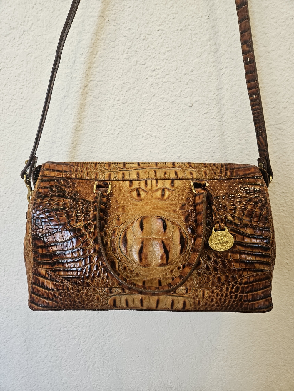 Brahmin Vintage Stacy Croc Embossed Leather Satchel Crossbody Toasted Melbourne